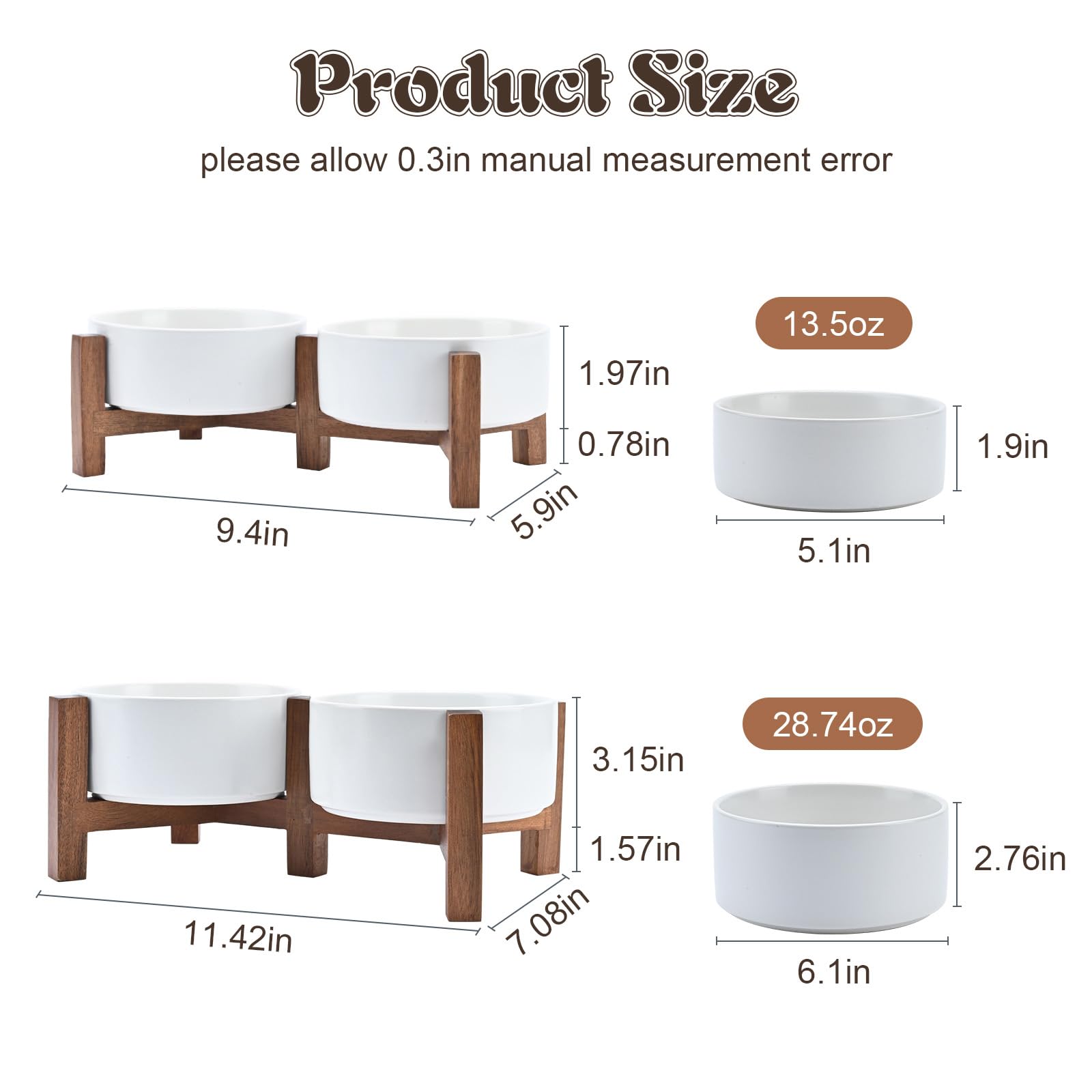 SPUNKYJUNKY Juego de cuencos de cerámica para perros con soporte de madera de acacia, cuenco elevado para comida y agua para perros pequeños y medianos (13 onzas, blanco)