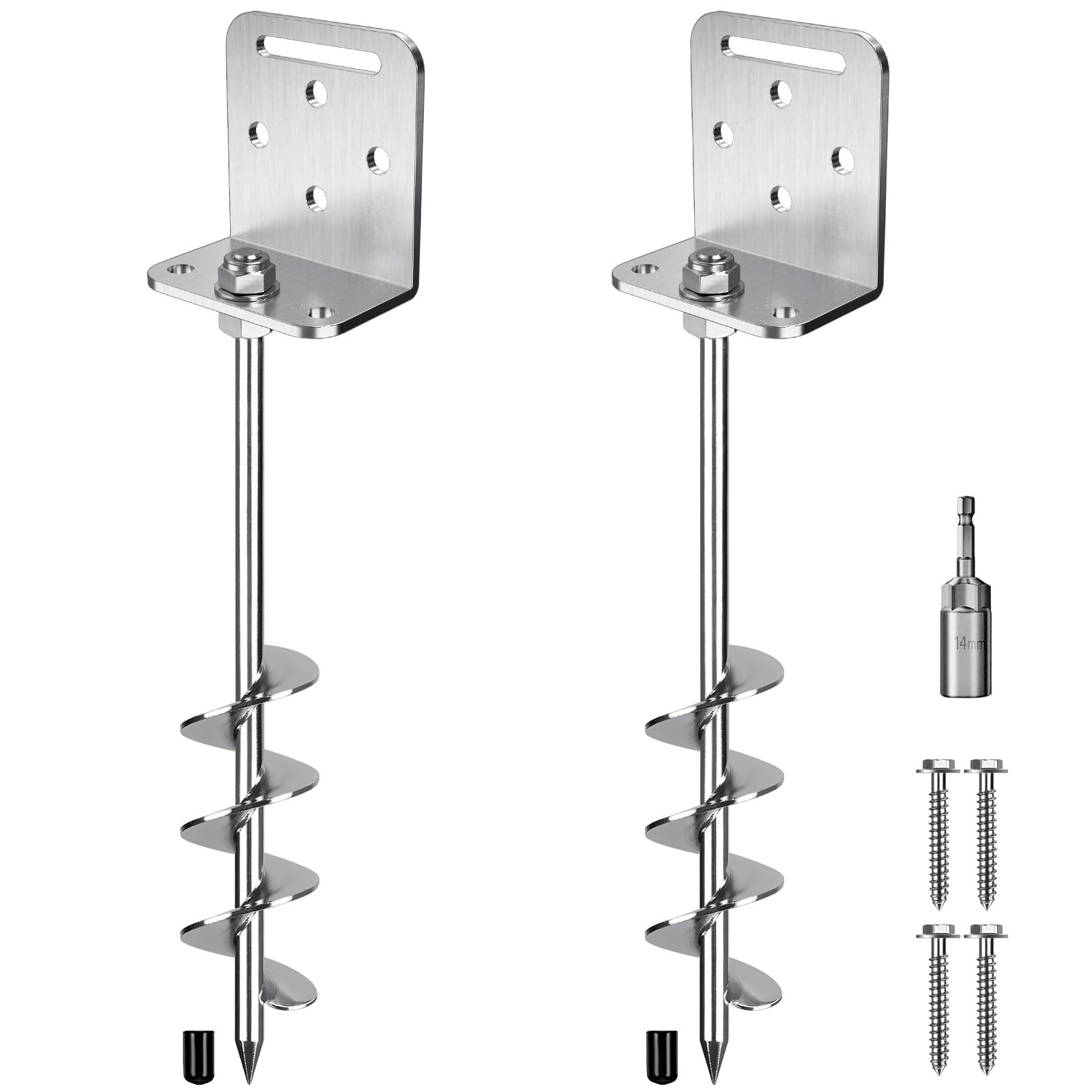 Insaga 18'' Ground Anchors Screw in 10mm Solid Steel with L Bracket, for Trampoline Mobile Home Swing Set Shed Carport Tent Stakes Earth Anchor Tree, 2" Helix Blade & Chrome Plated Finish, 2Pcs