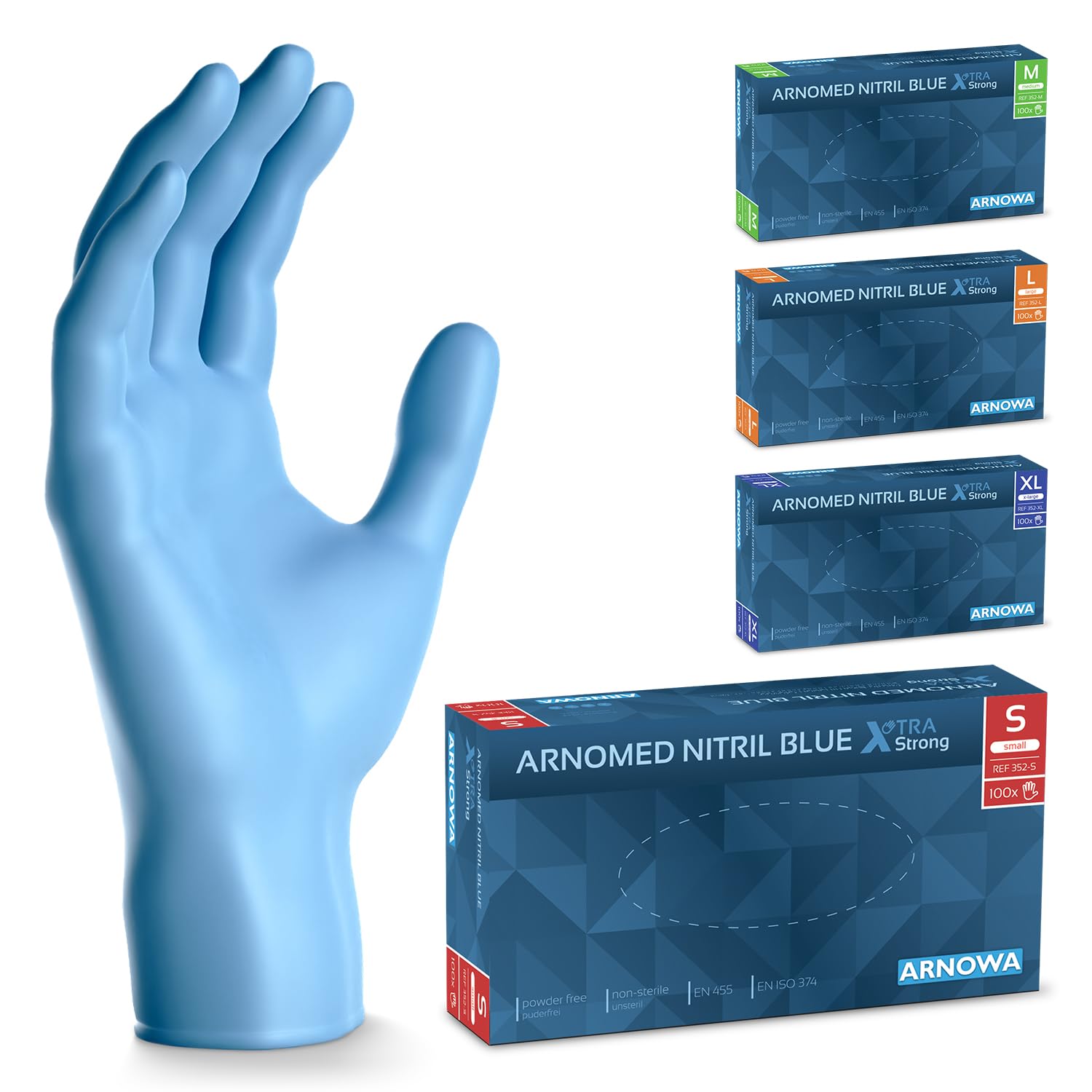 ARNOMED Guanti monouso blu extra forti, guanti in nitrile S, guanti nitrile spessorati 50%, 1000 pezzi, guanti nitrile senza polvere, guanti monouso nitrile senza lattice, taglie S, M, L & XL