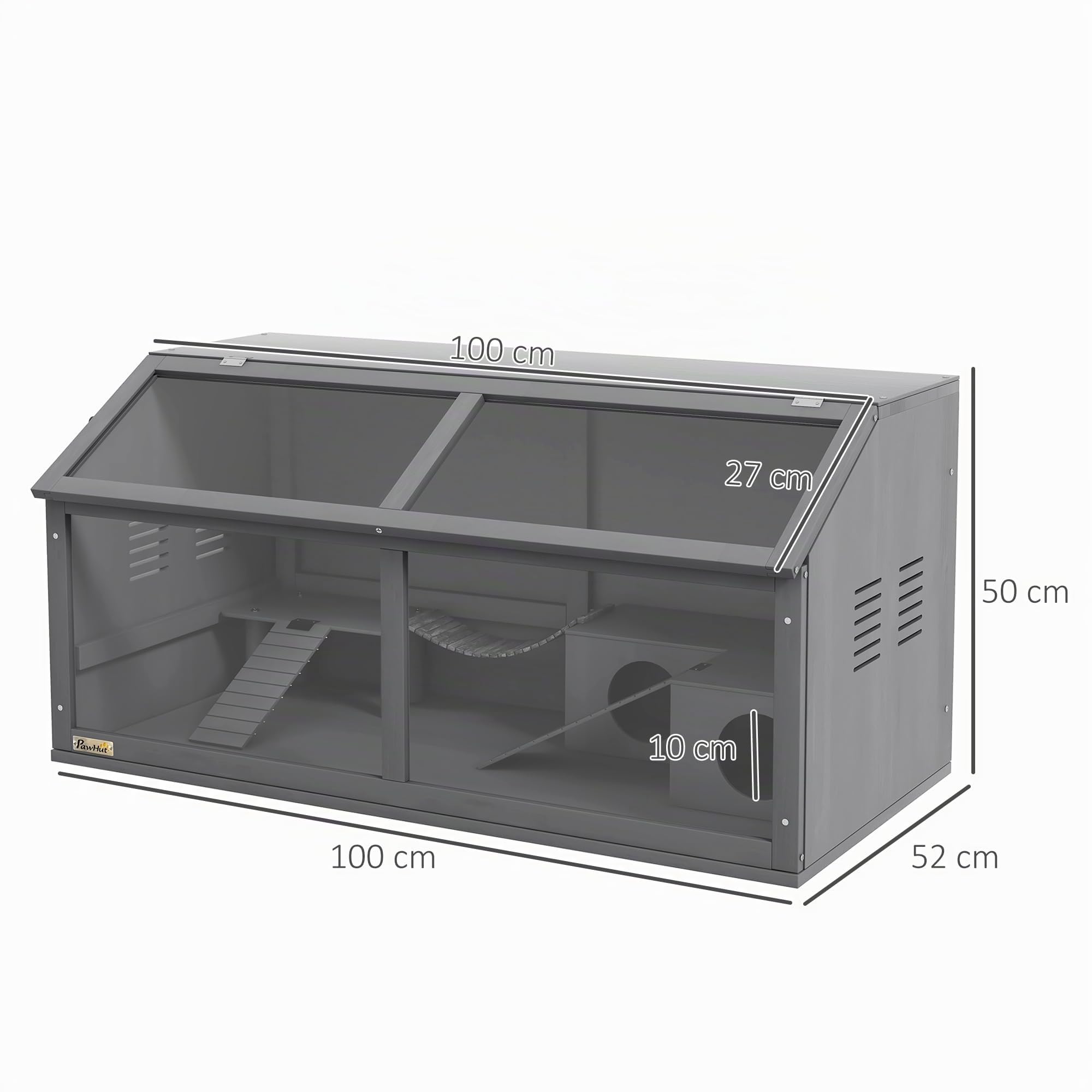 PawHut Cage Hamster en Bois avec Couvercle Pliant 100x80x60 cm Gris foncé | Cage rongeur en bois, pont suspendu, échelles, pour hamsters et hamsters nains
