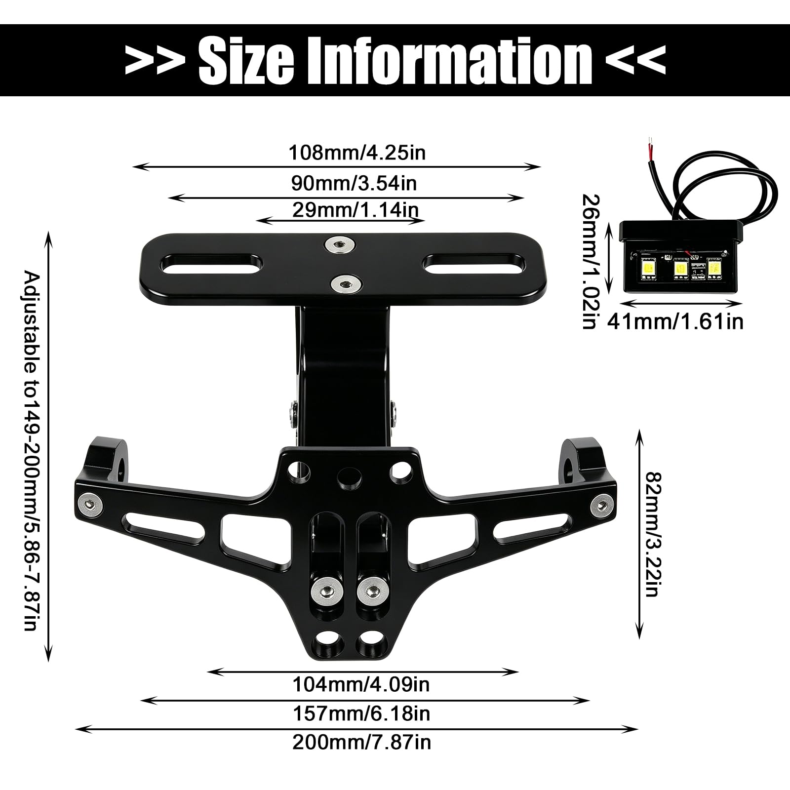 Support de Plaque Moto Réglable, Moto Support de Plaque d'Immatriculation avec Lumière sous Licence, Cadre de Plaque d'immatriculation pour Modèles Universels