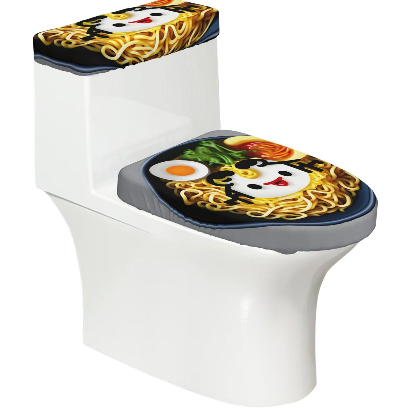 Egg Cup Noodle Ramen Printed Toilet Tank and Lid Cover Set of 2 for Most Bathrooms, Fits Elongated Round Toilets