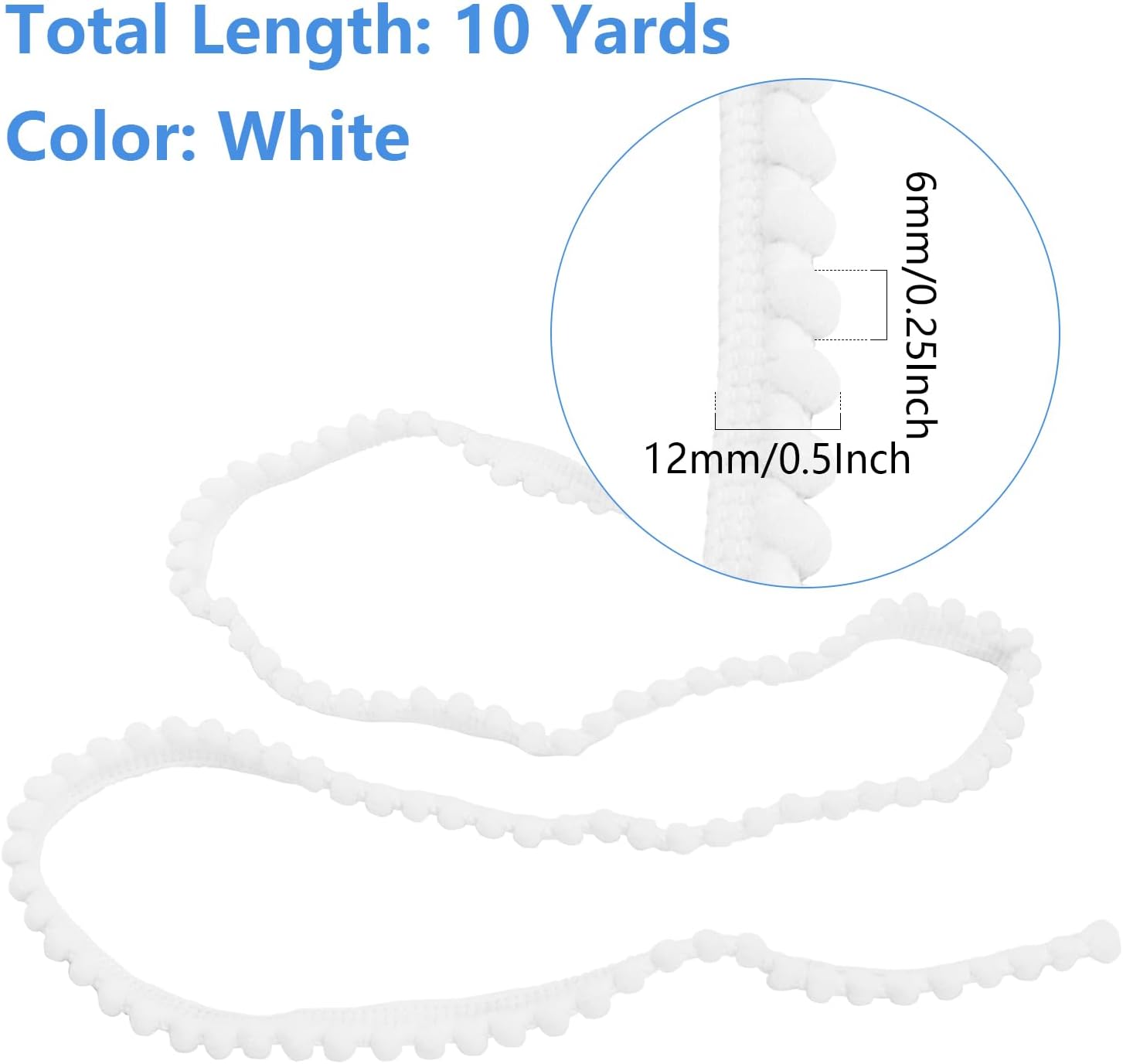Homiest 10 Yards Pom Pom Trim for Sewing, 1/2 Inch Wide White Ribbon Bundles Textured Fabric Fringe Ribbon, 6mm Ball Pompom Trim for DIY Crafts Curtain Clothes Pillow Home Decoration