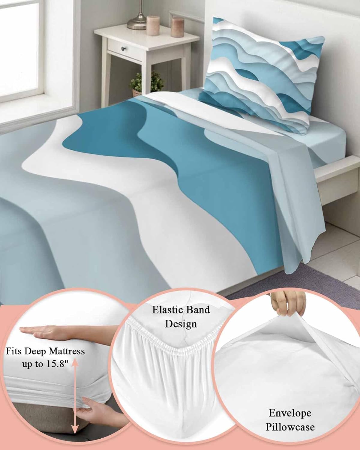 3 Pieces Twin XL Sheet Set, Ocean Wave Spray Minimalist Ombre Blue Stylish Bed Sheets Set Soft Bedding Elastic Deep Pocket Fitted Sheet and Pillow Cases