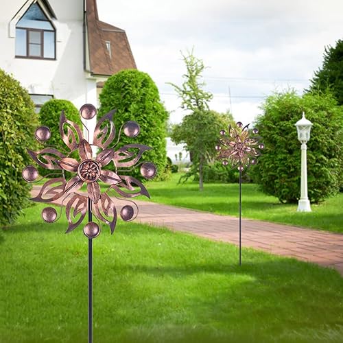 Miniatura 9 de VEWOGARDEN 2 piezas de molinete de viento para exteriores, molinete de metal para decoración de patio, esculturas de viento de cobre y spinners para