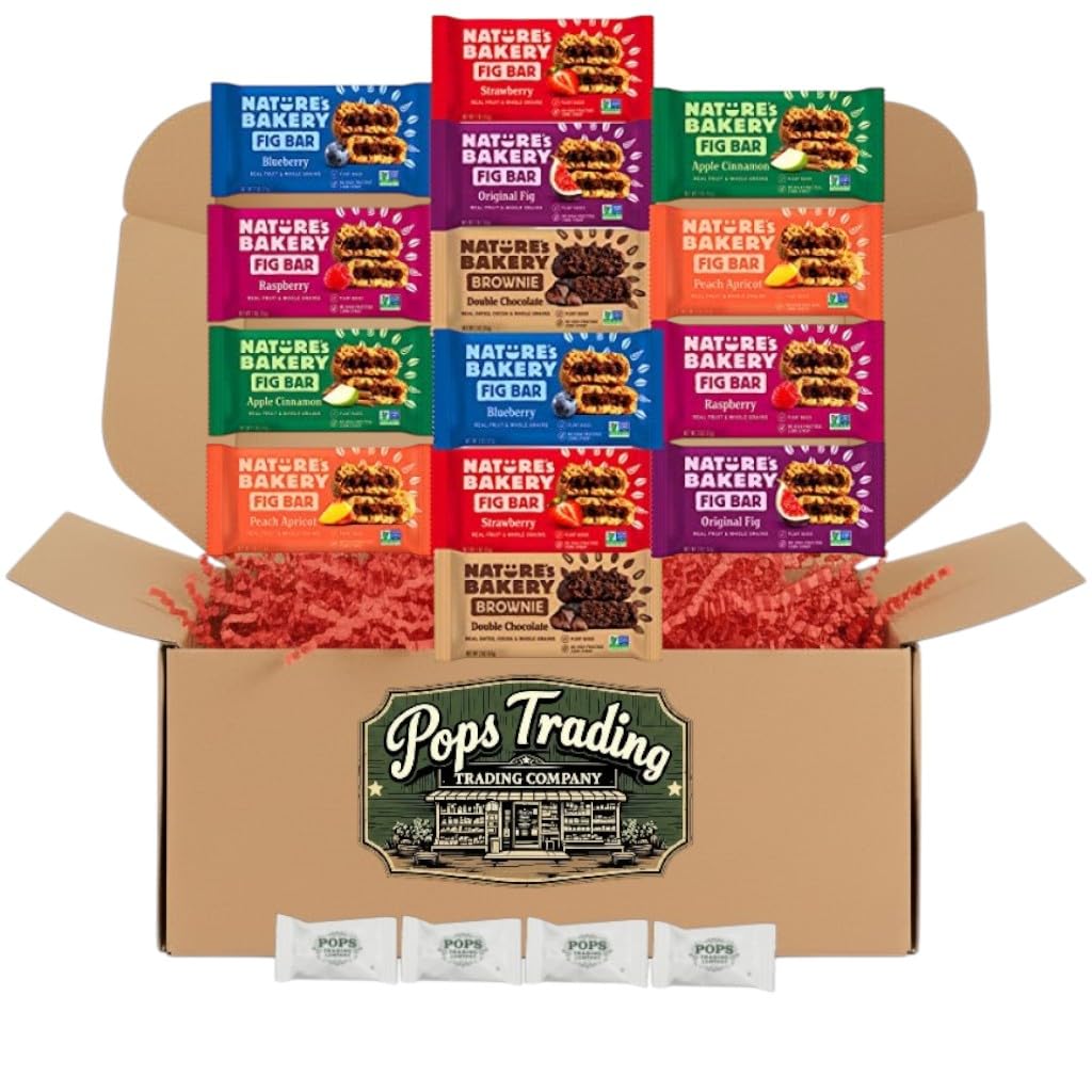 Pops Trading Company Since 1998 14ct Whole Wheat Fig Bar Gift Box - Ultimate Healthy Stone Ground Whole Wheat Fig Bar (14 COUNT) Variety Pack All Natural NON GMO & Plant Based Snack Food Comes With Pops Trading Company Mints