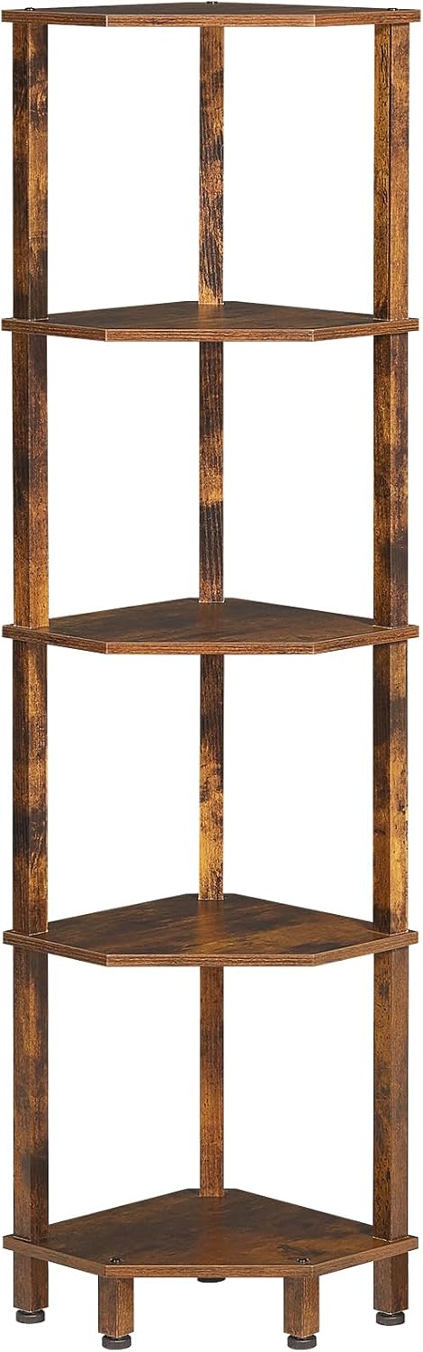 5-Tier Corner Shelf with Sturdy 5-Leg Base, 52in Tall Narrow Bookcase for Small Spaces, Wooden Plant Display Shelf, Thin Bookshelf for Living Room, Bedroom, Office, Brown
