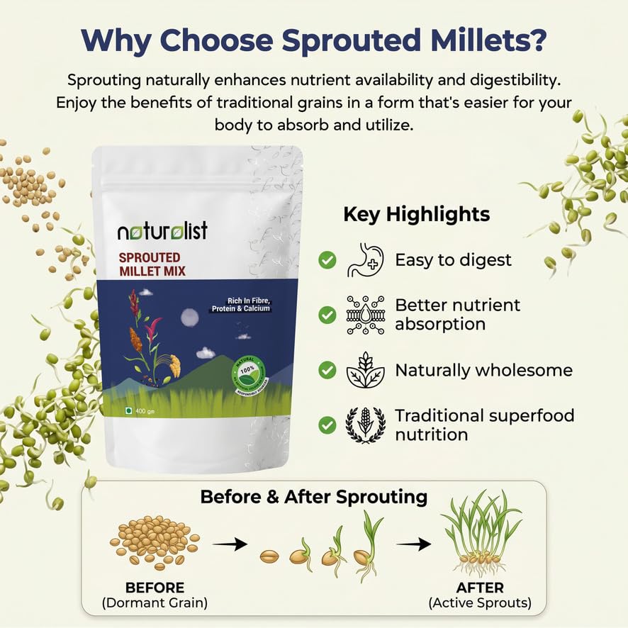 Image of Naturalist Sprouted Millet Mix - 400g | 5-Grain Multigrain Flour | Ragi Jowar Bajra Foxtail Little Millet | Gluten Free | Rich in Fibre Protein Iron | Stone Ground Cold Milled | No Preservatives | Healthy Roti Dosa Porridge Mix