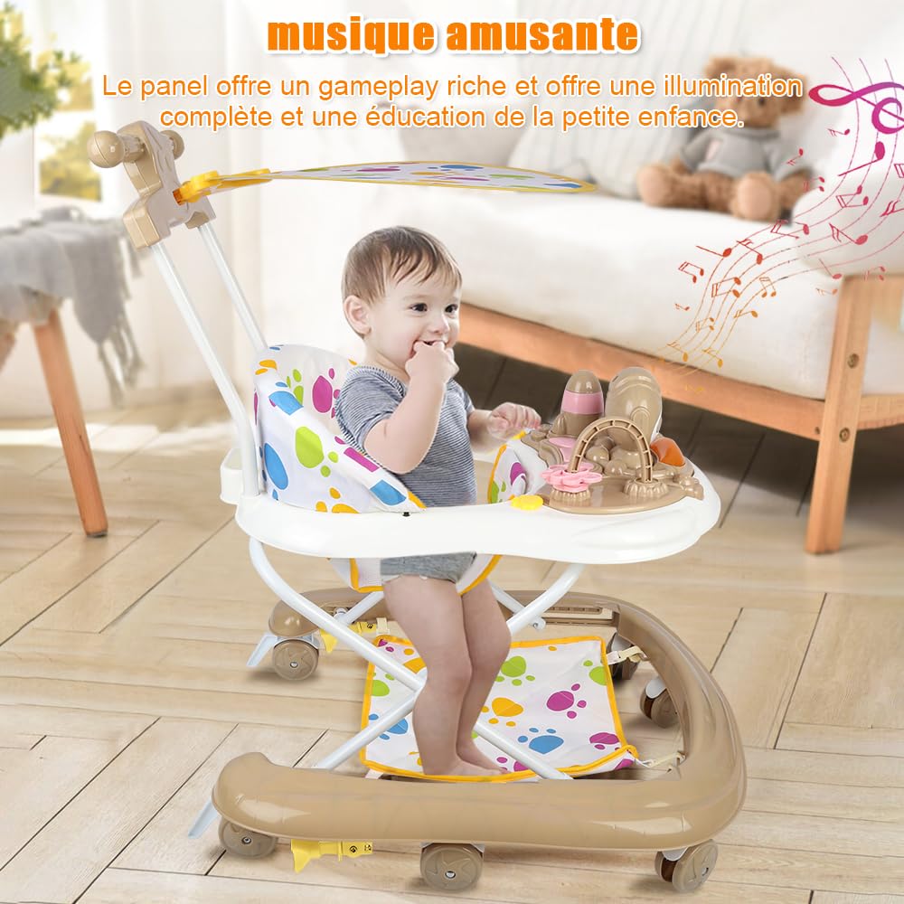 5 en 1 Trotteur Bébé avec 5 Hauteurs Réglables, Trotteur Bebe Marche Pliable avec Plateau d'activités Musical Amovible, De 6 à 18 mois, Jusqu'à 12 kg (5 en 1, 62x68x36-81 cm, Kaki)