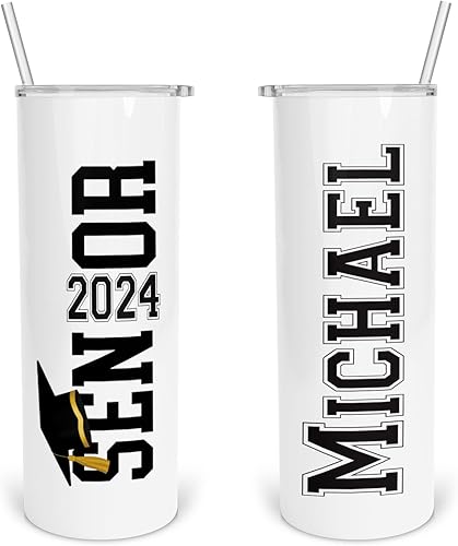 Miniatura 1 de Vaso delgado de 20 onzas para estudiantes de posgrado, vaso de clase de 2024 con tapa, regalo personalizado a todo color, vaso con popote para