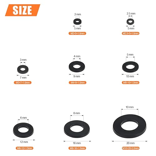 Miniatura 3 de HELIFOUNER Juego surtido de 600 piezas de 8 tamaños de arandelas planas de nailon negro - M2 M2.5 M3 M4 M5 M6 M8 M10