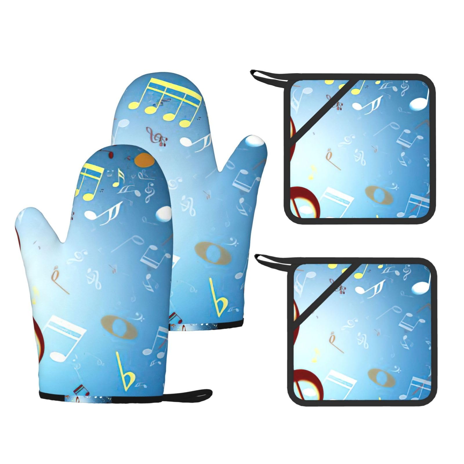 Note Print Oven Mitts And Pot Holders Pads Set, Oven Glove High Heat Resistant 500 Degree For Kitchen