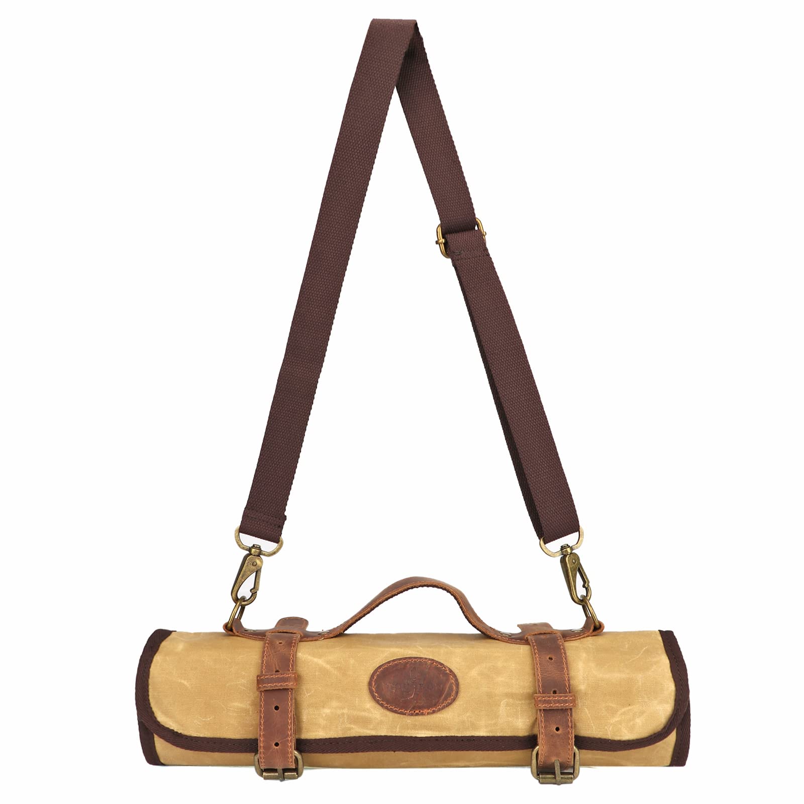 TOURBON - Bolsa enrollable para cuchillos de chef, 12 ranuras, lona encerada y cuero, organizador portátil de herramientas de cocina, Brown, 65*39.5cm (unfold), Organizador de bolsas