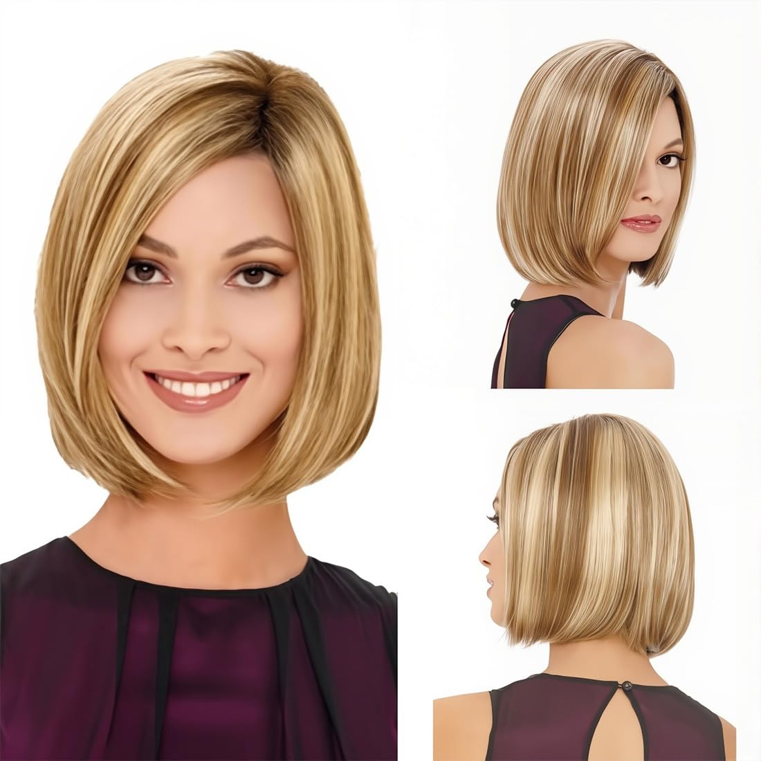 Parrucca donna capelli umani, parrucche capelli, parrucche donna, parrucca bionda, caschetto bob corto liscio con frangia, fibra sintetica resistente al calore, biondo scuro