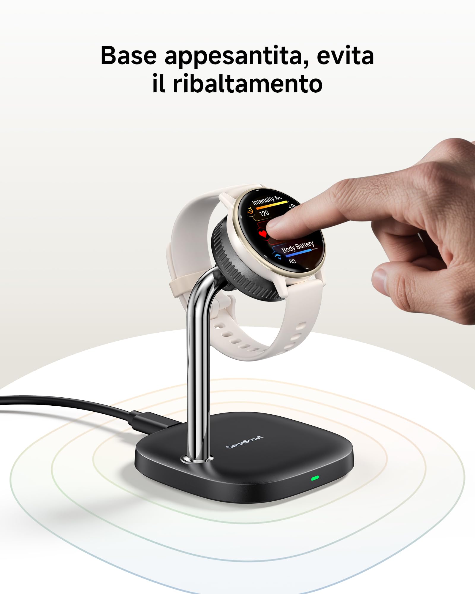 SwanScout Watch Caricatore per Garmin Watch Forerunner 55/255/165, Vivoactive 6/5, Instinct 3/2, Venu, Fenix, Tactix, Approach, Quatix e altri modelli, SwanScout 505GM (Nero)