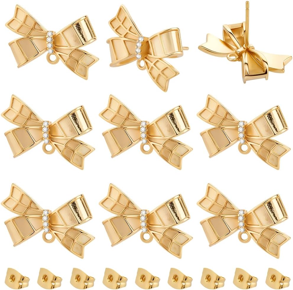 Beebeecraft 1 Box 10Pcs Bow Earring Findings Post 18K Gold Plated Brass Bowknot Cubic Zirconia Stud Earring Findings with Loop and 10Pcs Ear Nuts for Jewelry Making Accessories DIY Supplies - Image 7