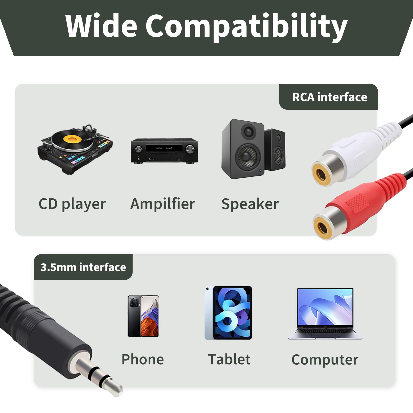2 x adapter RCA Jack, męski kabel 3,5 mm RCA, adapter audio stereo, elastyczny kabel ze złotymi stykami, złącza metalowe, idealny do Hi-Fi, TV, smartfonów, systemów audio