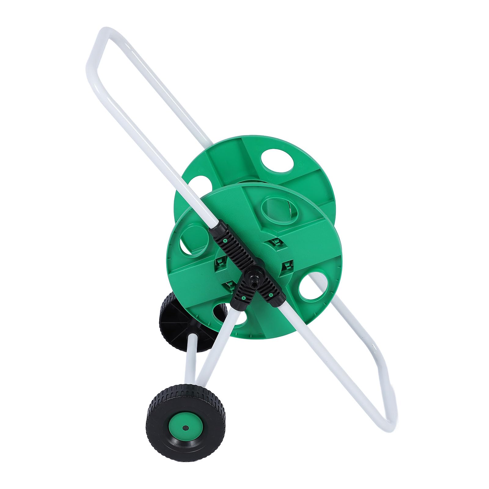 Carrello avvolgitubo verde in PP, pratico e maneggevole, con ruote, per riporre il tubo da giardino.