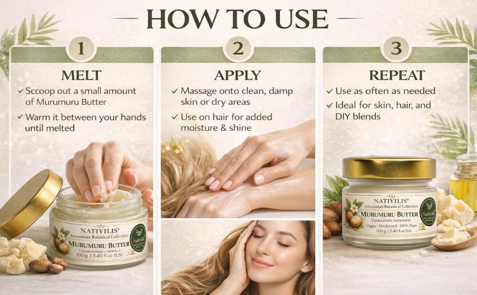 Nativilis Murumuru Butter Virgin Deodorized (Astrocaryum murumuru) Amazonian Rainforest Collection Skin Hair Care Moisturizer – Less frizzy hair - Noncomedogenic No pore blockages Copaiba properties