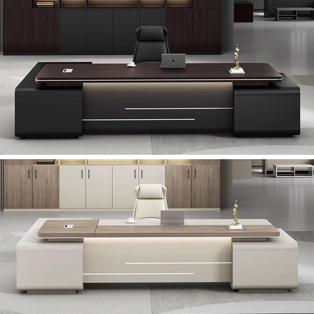 L-Shape Modern Executive Desk with Led Light Strip, Luxury L-Shape Office Executive Desk with Double Cabinets, Easy Installation (Black, 95" / 240cm) Black-right Cabinet 95"L x 63"W x 30"H