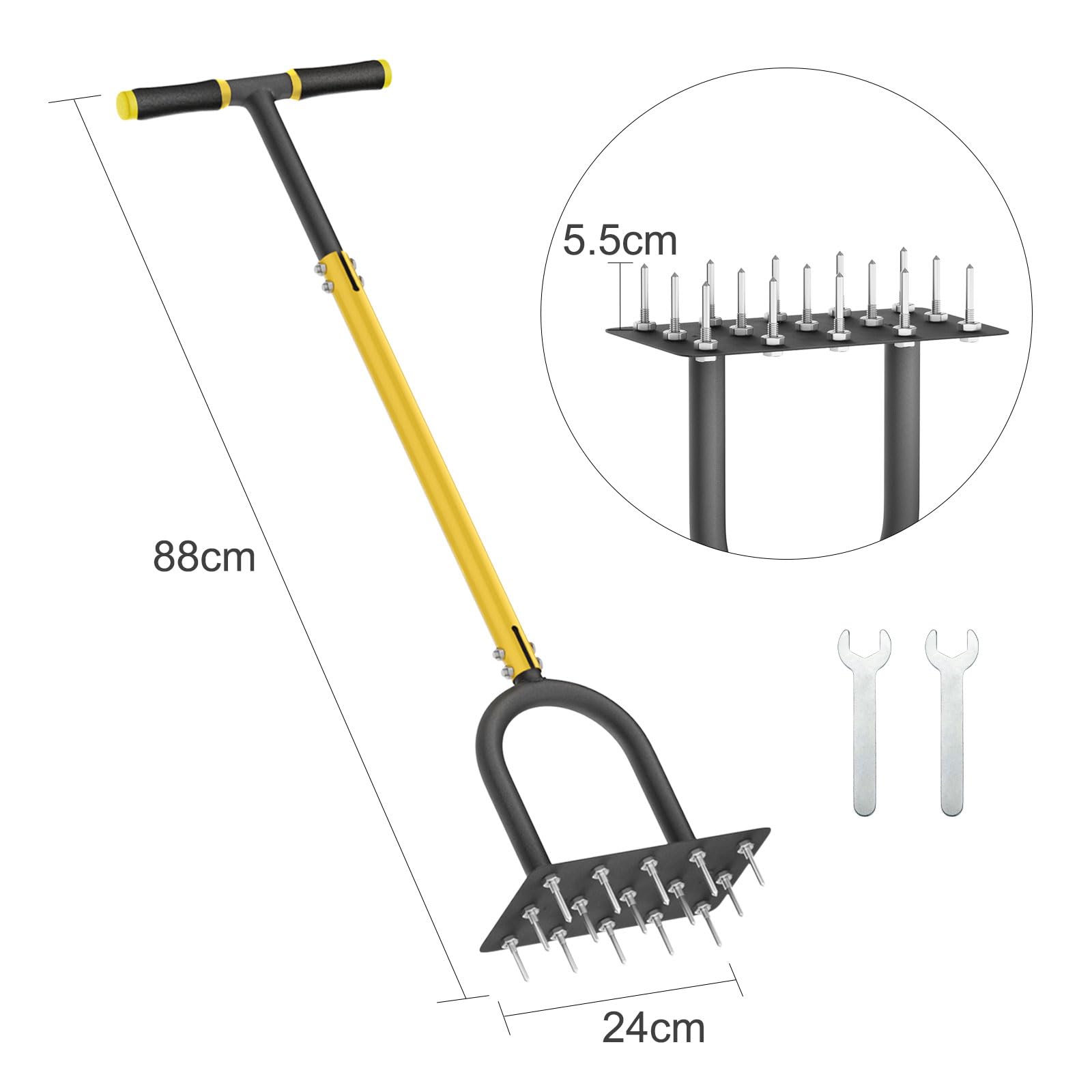 Rasenlüfter Aerifizierer für Rasen mit 16 Stahlspikes, T-Griff Manuelle Rasenbelüfter Handvertikutierer, Gras Belüfter Werkzeuge für Verdichteten Boden, Bodenbelüftung und Rasenpflege