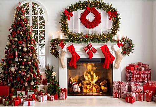 Miniatura 3 de Telón de fondo de Navidad de 15 x 8 pies, regalos de árbol de Navidad, calcetines rojos, fondo de fotografía, guirnalda de invierno, patrón de