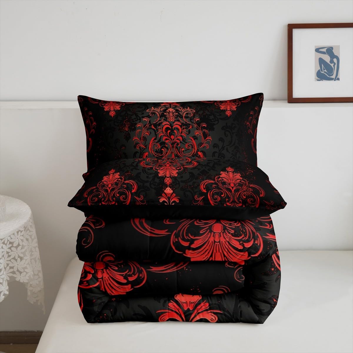 Kids Damask Floral Bedding Set Twin Size Ombre Red Black Duvet Quilt for Boys Girls Bedroom Decor Vintage Jacquard Comforter Set Breathable Soft Microfiber Women Men Exotic Floral With 1 Pillow Case