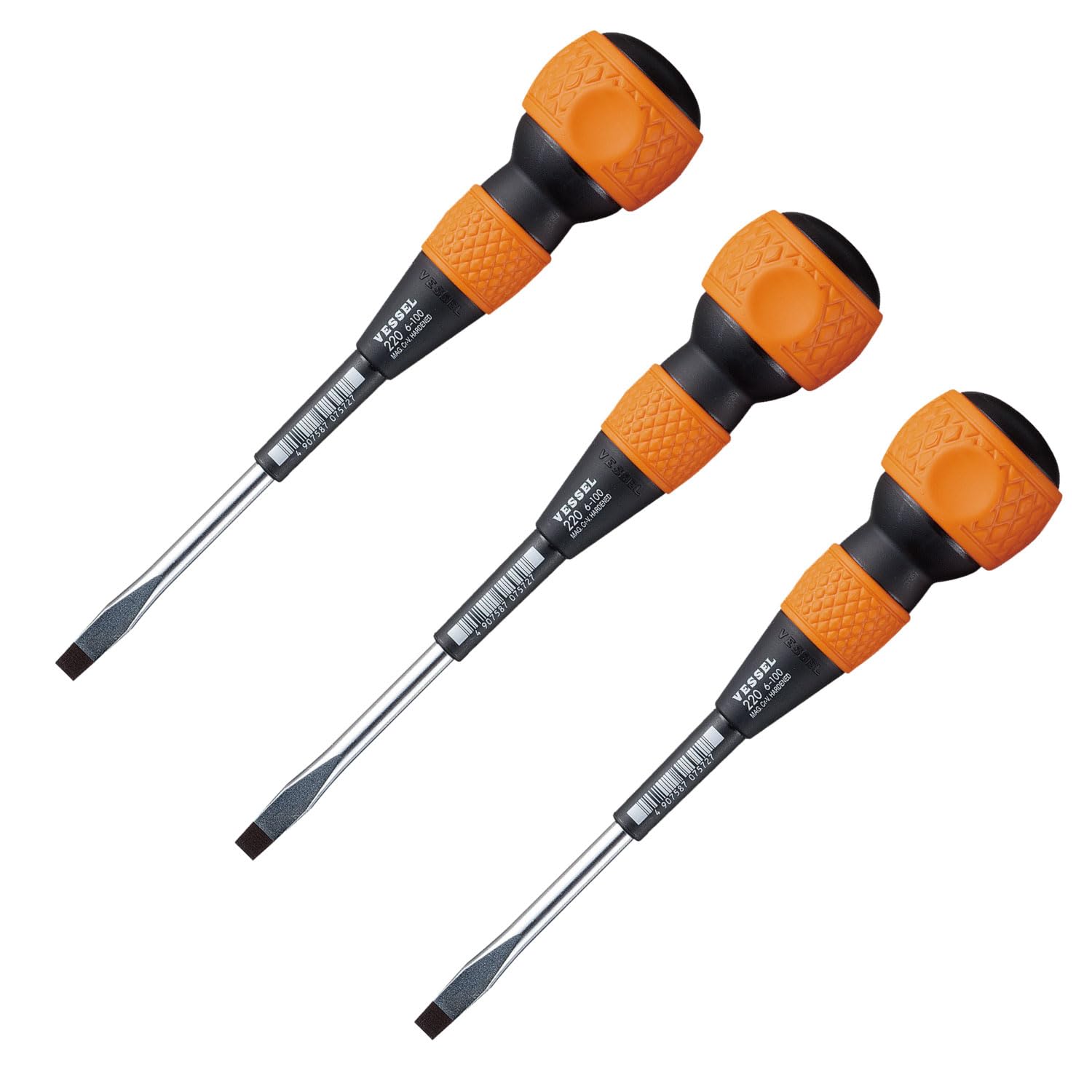 VESSEL Ball Grip Screwdriver No.220 Flat -6 x 100mm Set of 3 Pack