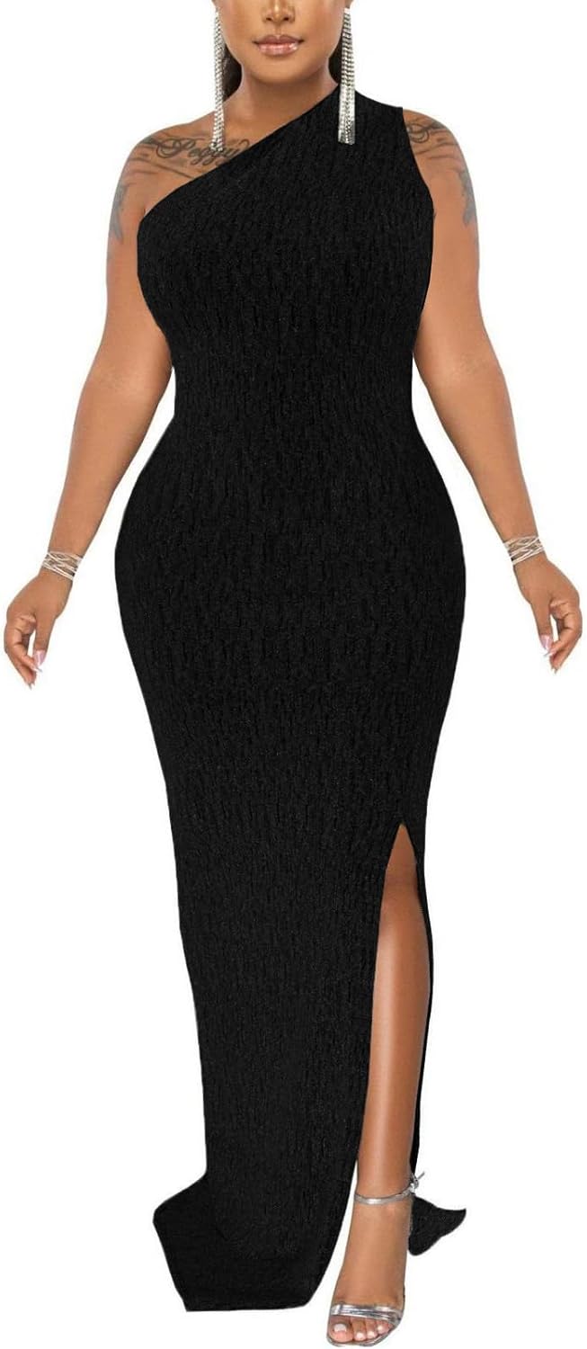 Formal Dress for Women Elegant Sparkly One Shoulder Sleeveless High Split Cocktail Party Prom Dresses