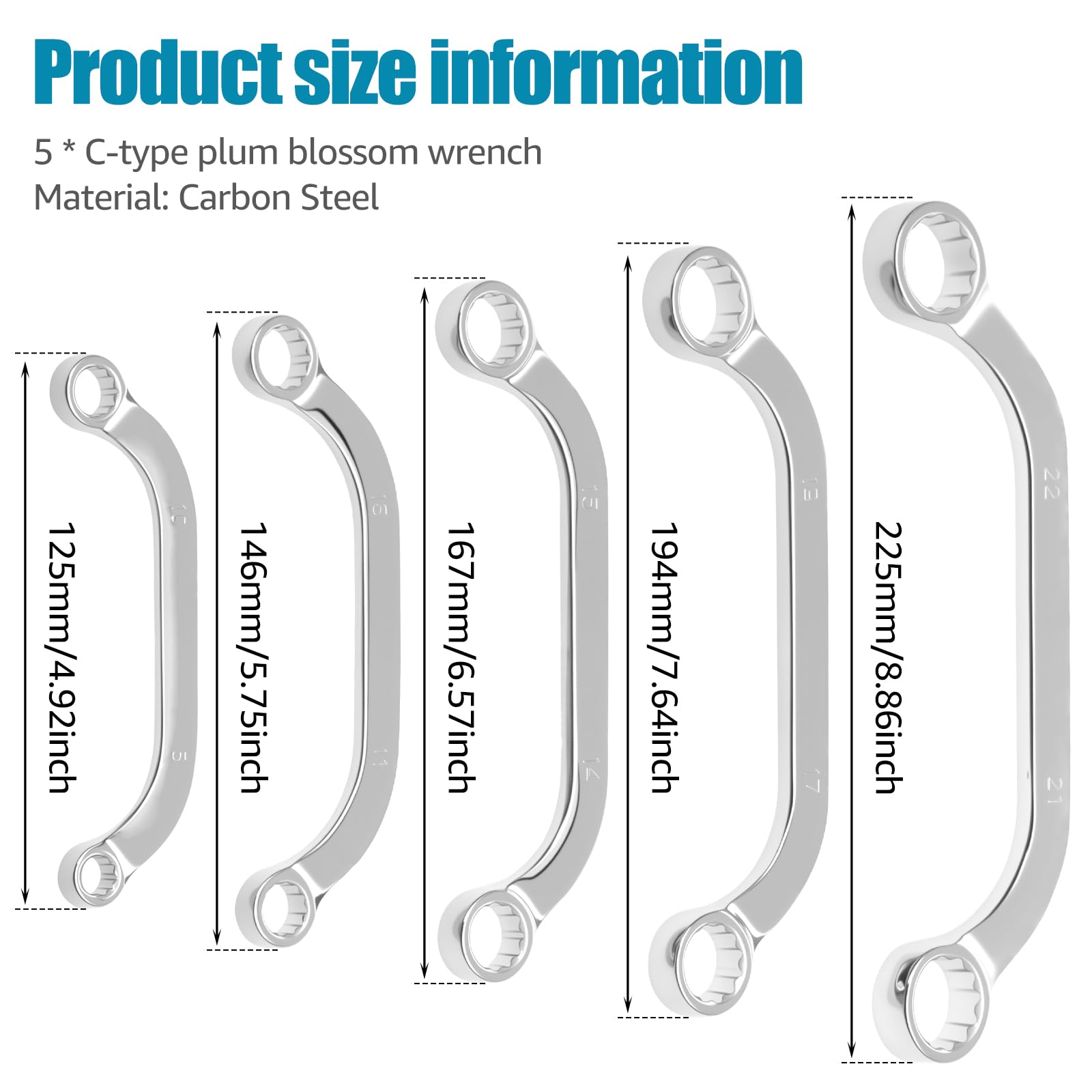 SHASUXTING 5 Pcs Half Moon Box Wrench Set Metric C-Style 8mm to 22mm Wrenches Double End Half Moon Shaped Ratcheting Wrench C-Shape Box Wrenches Tools for Repairs