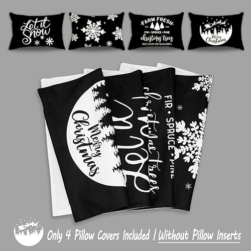 Miniatura 3 de JOJOGOGO Juego de 4 fundas de almohada lumbar de Navidad en blanco y negro de 12 x 20 pulgadas, decoración de Navidad negra, copo de nieve, árbol de