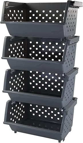 Paquete de 4 cestas apilables de plástico gris para cocina, cesta organizadora apilable