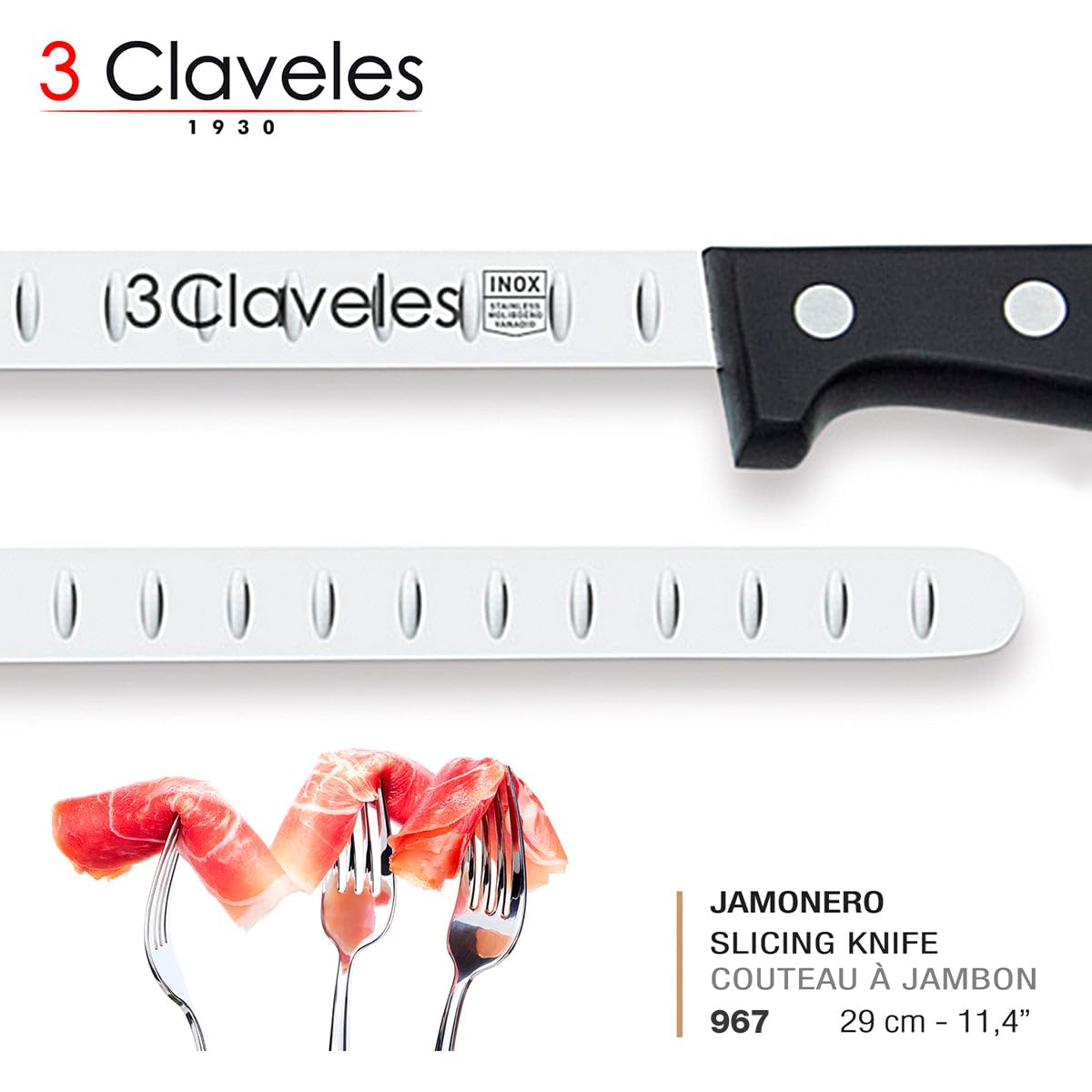 PracticFood Juego de Cuchillos Profesionales Selección Super Chef, Jamonero Alveolado 29 cm y Accesorios (ESSENTIAL1)