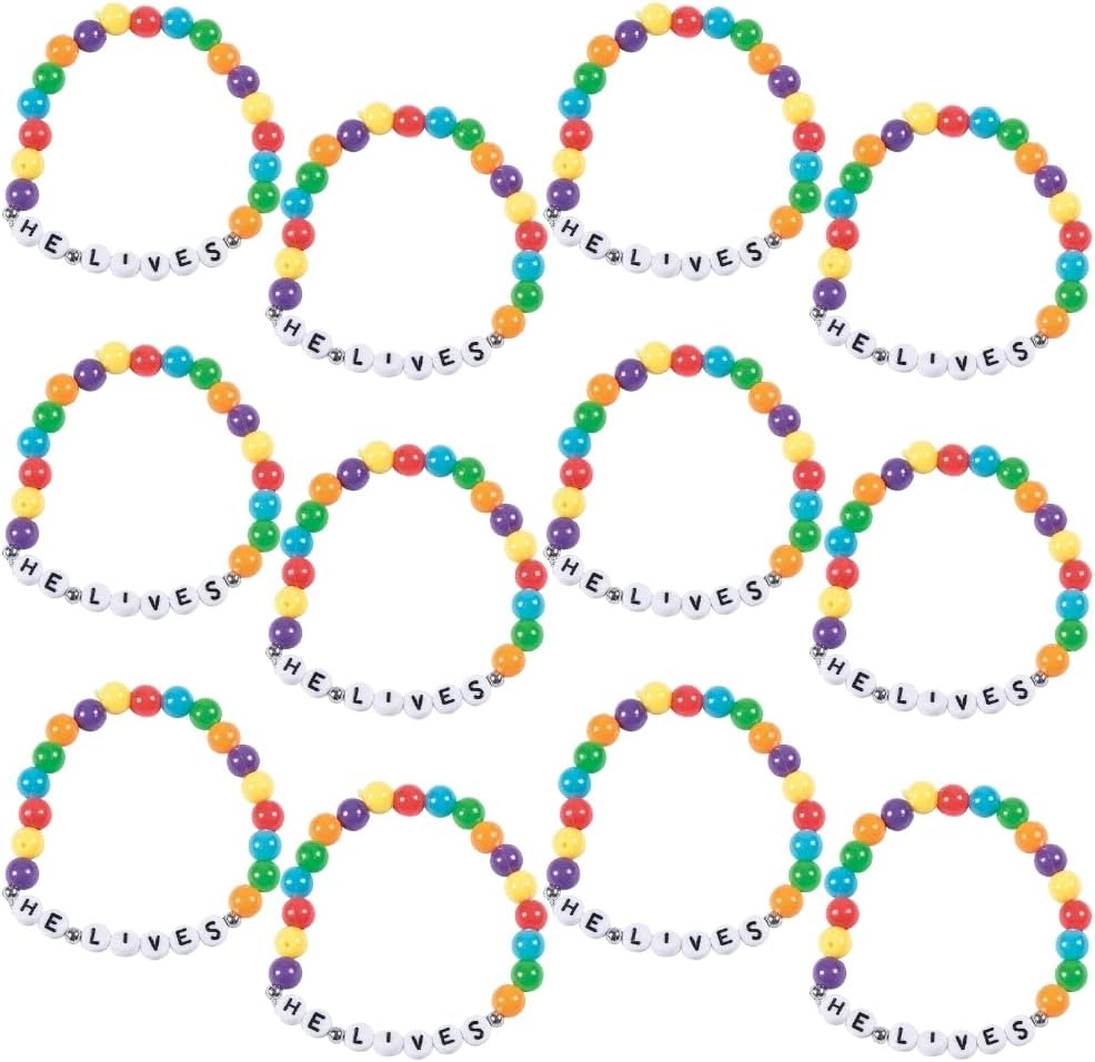Fun Express He Lives Beaded Bracelet Craft Kit, Makes 12 - DIY Religious Crafts and Sunday School Supplies - VBS Vacation Bible School Supplies/Decor