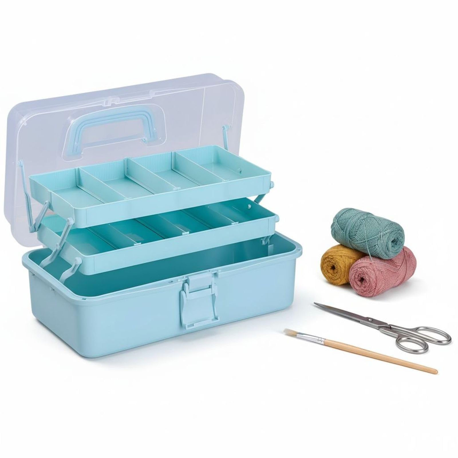 byepica Regulowane przegrody, przenośne pudełko na sprzęt, 3-warstwowy jasnoniebieski organizer do rękodzieła, ręczny organizer do szycia, 33 x 18 x 14 cm, duże pudełko do przechowywania przyborów