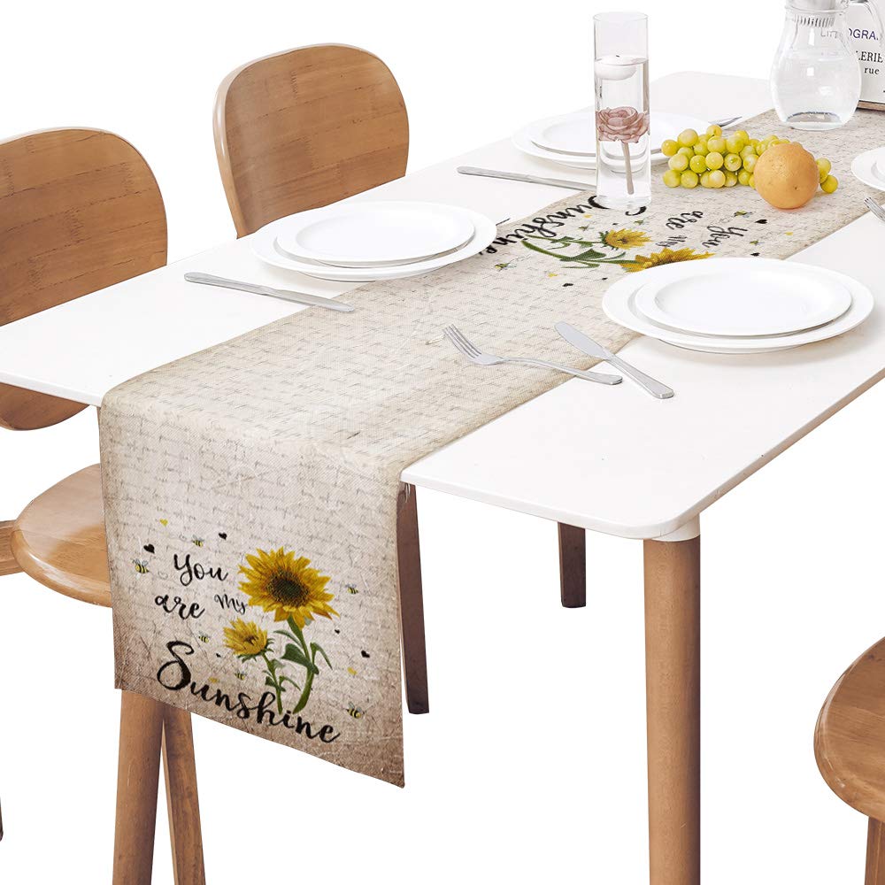 Sunflowers Rustic Table Runner-Cotton Linen-Long 90 Inch Dresser Scarves,Farmhouse Kitchen Coffee/Dining/Sofa/End Living Room Tablerunner,Spring/Summer/Fall Dinner Scarf Decor-You are My Sunshine