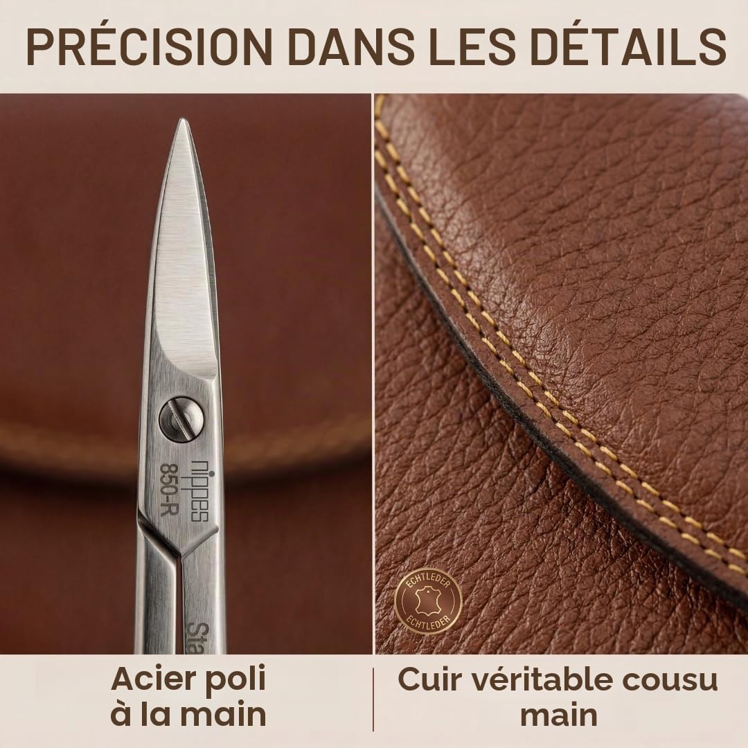 nippes Solingen Kit de manucure classique de qualité supérieure - 7 pièces - Étui en cuir de vachette véritable - Marron - Acier inoxydable - Sans nickel et inoxydable - Fabriqué à Solingen/Allemagne