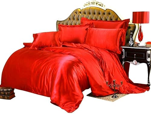 Phoenix Citadel Juego de edredón de satén de seda para todas las estaciones, tamaño King, color rojo (edredón + sábana encimera + sábana bajera de