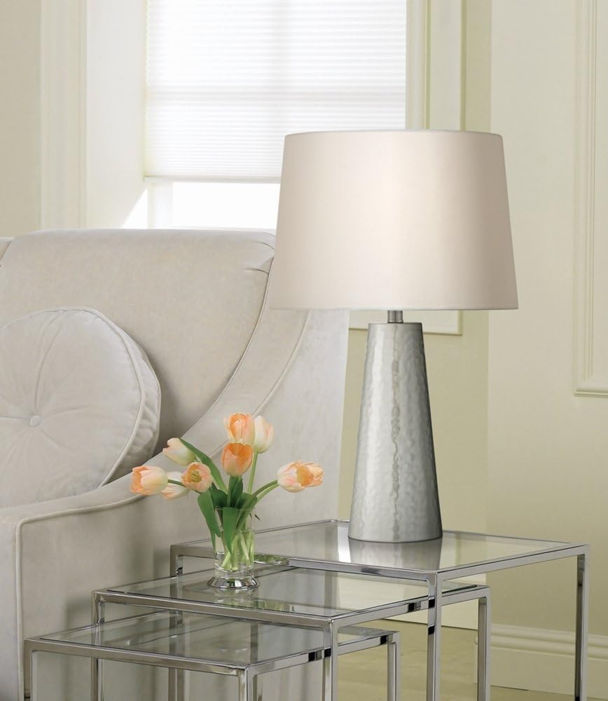 360 Lighting Modern Table Lamp 25 3/4" High Silver Leaf Hammered Textured Metal Off White Fabric Drum Shade Decor for Bedroom Living Room House Home Bedside Nightstand Office Kids Family