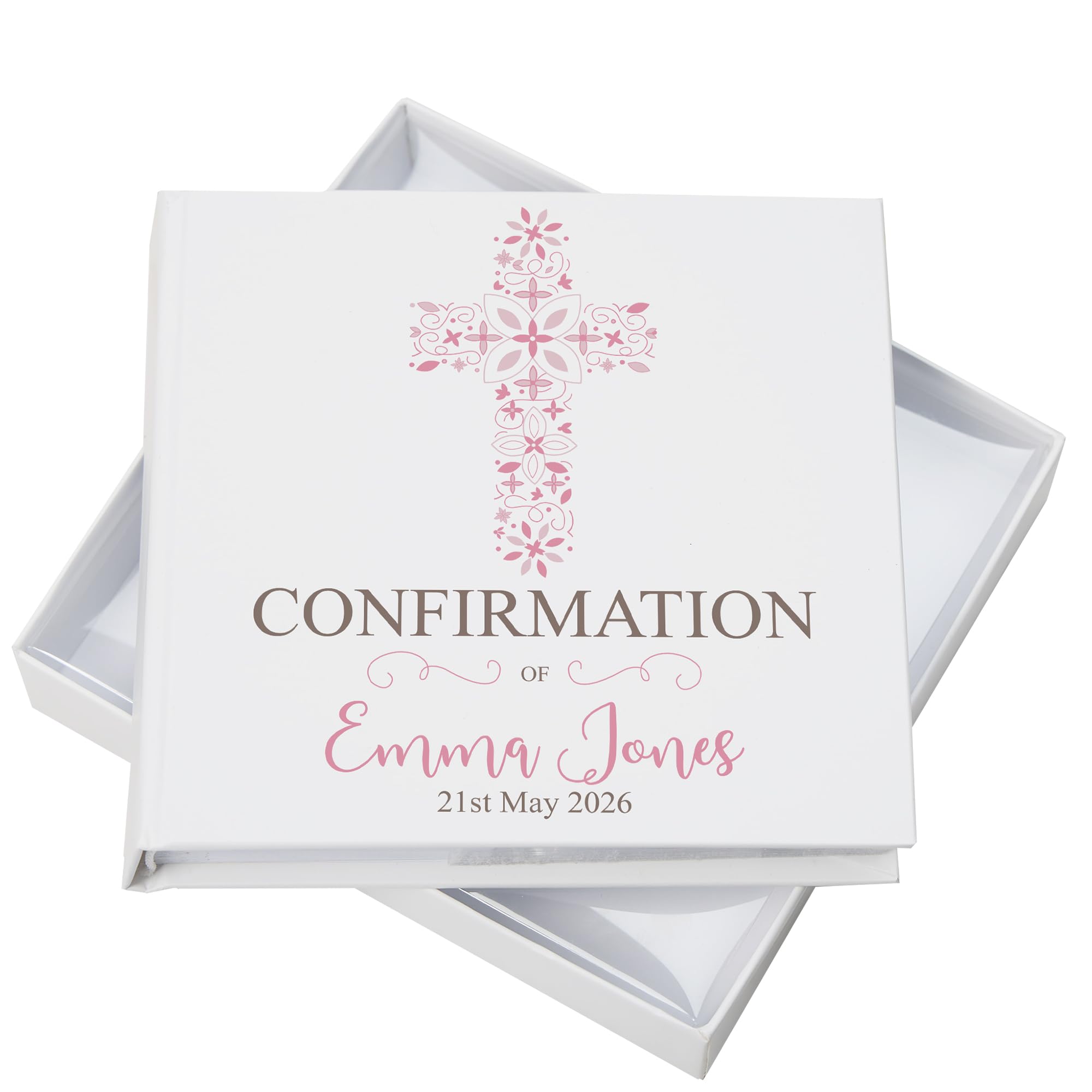Ukgiftstoreonline White Personalised Confirmation Ornate Pink Cross Design Photo Album