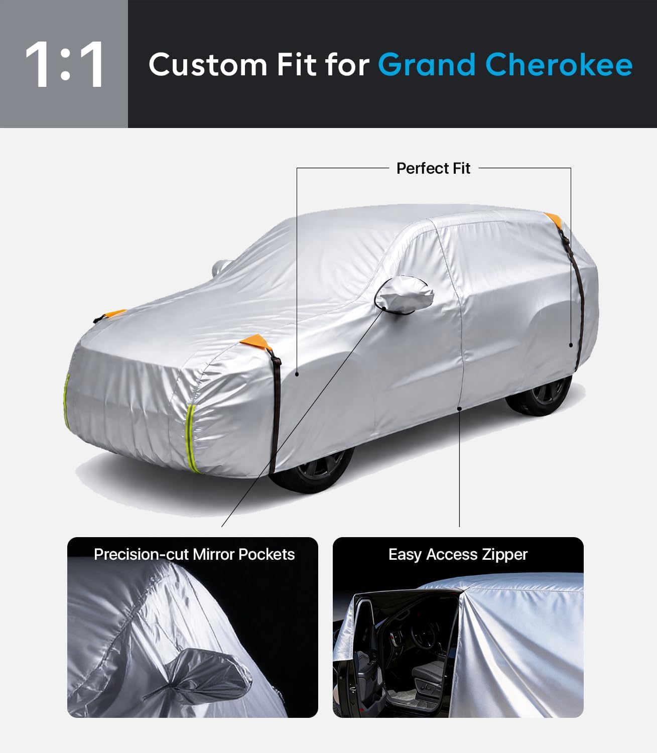 Wigoo Jeep Grand Cherokee Car Cover Accessories 1999-2026, Custom Fit Waterproof All Weather Outdoor Full SUV Cover, Windproof Sun UV Rain Snow Dust Protection, Door Zipper, Reflective Strips