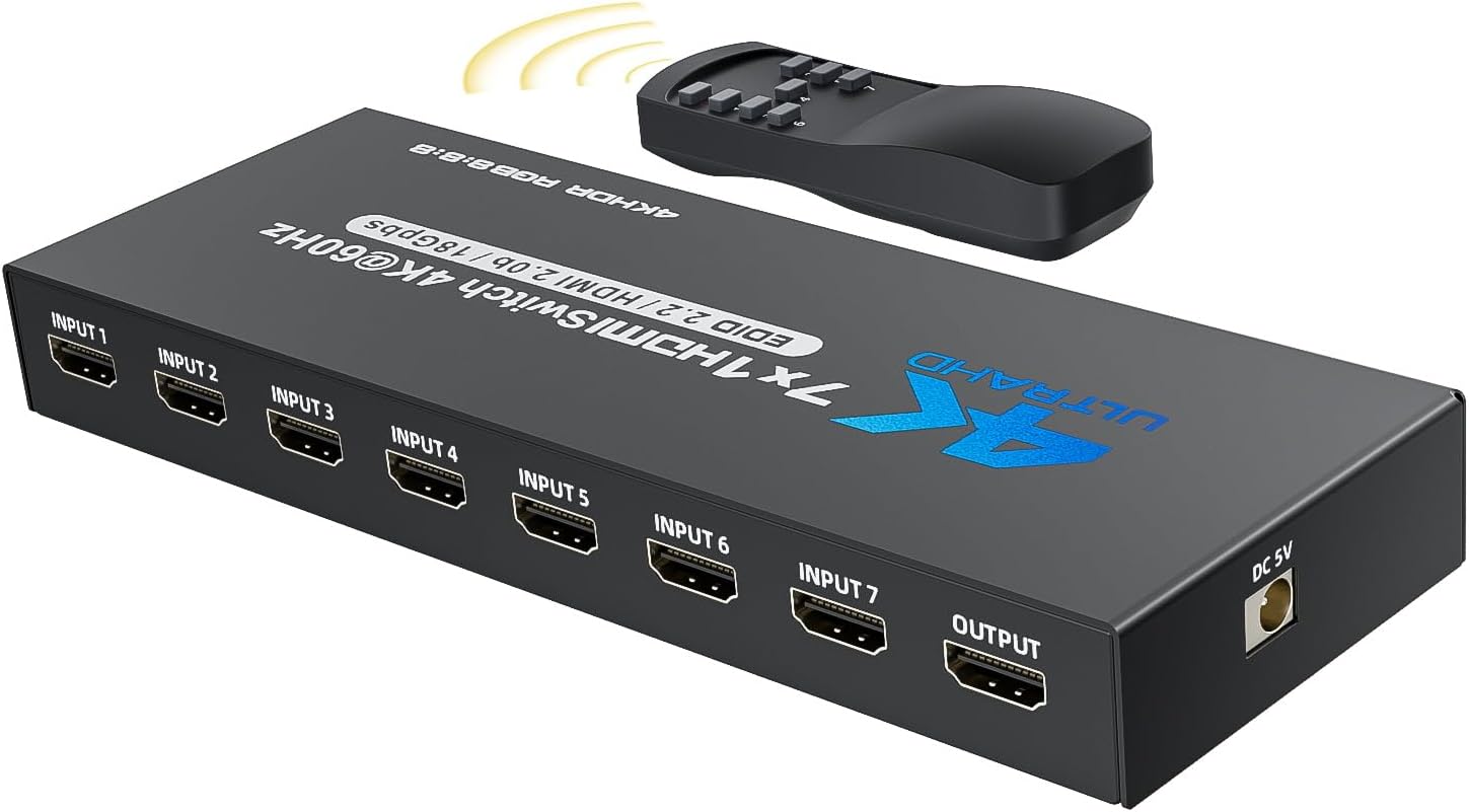 BolAAzuL 7 Port HDMI Switch 7 in 1 Out 4K@60Hz HDMI Selector Box w/Power