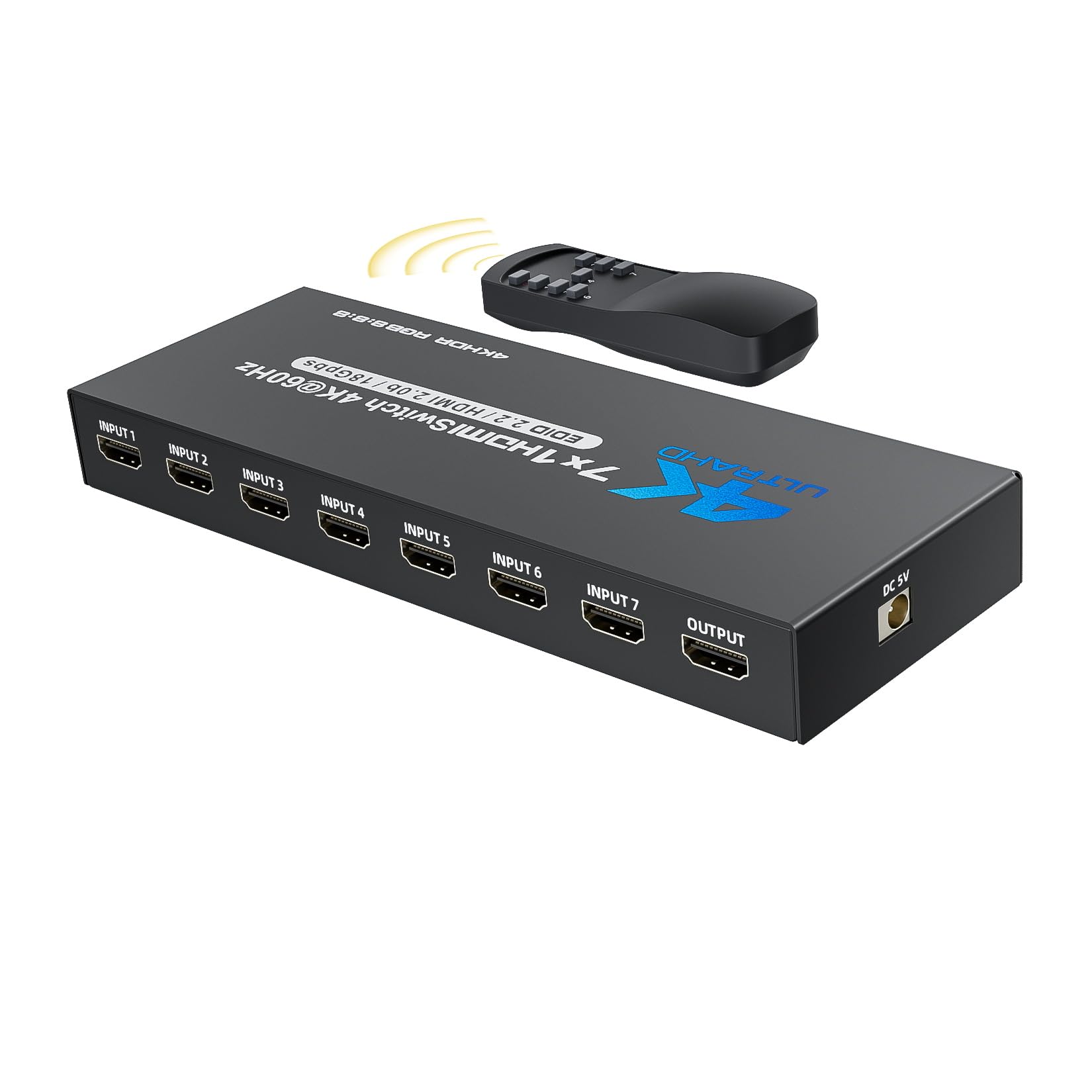 HDMI 2.0 Switch 7 In 1 Out, BolAAzuL 4K@60Hz HDMI zu HDMI-Port Erweiterer Switch HDR HDMI 2.0 Switcher Fernbedienung unterstützt 3D, HDCP2.2, HDR für PS5, Xbox-Serie X, HDTV, PC