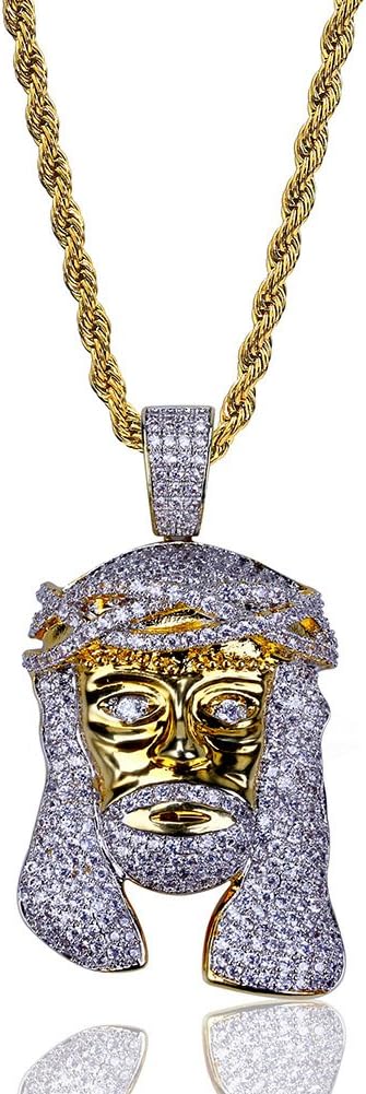 TOPGRILLZ Jesus Pendant Necklace Rope Gold Chain for Men Iced out 14K Gold Plated Simulated Diamond Chain Stainless Steel Chain 24 inch