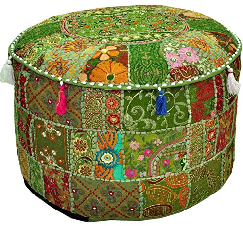 Sophia Art Indian Traditional Home Decorative Multi Ottoman Handmade and Patchwork Foot Stool Floor Cushion, Size 14 x 22Inches(Cover Only) (Green