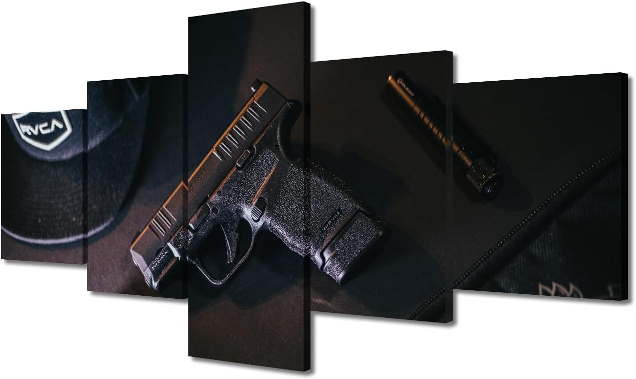 Wall Art for Living Room Large Size Rifle Prints for Wall Decor 5 Panel Wall Art Pistol Rifles Arrangement Pictures On Canvas Artwork for Home Walls Stretched And Framed Ready to Hang, 60"Wx40"H