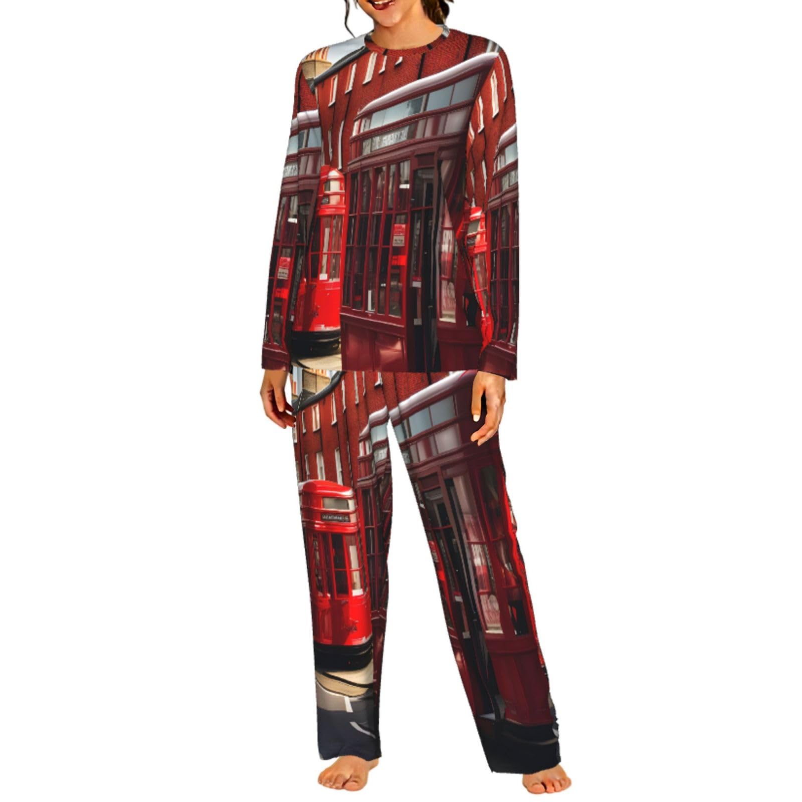 Red London Street Print - Pigiama da donna a maniche lunghe, morbido, confortevole, elastico