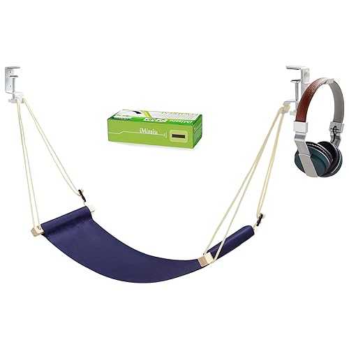 iMissiu Adjustable Office Foot Rest | Portable Under Desk Hammock with Headphones Holder (Blue) - Blue