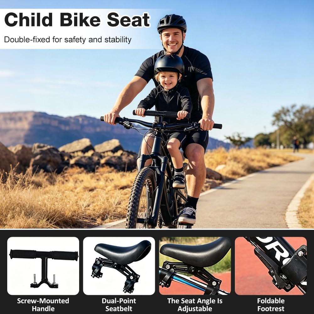 Seggiolino Bici Anteriore, Seggiolino Anteriore Bici Bambini Pieghevole con Manubrio e Pedale, Seggiolino per Bici Anteriore Mountain Bike Portatile Amovibile per Bambini da 2 a 6 Anni