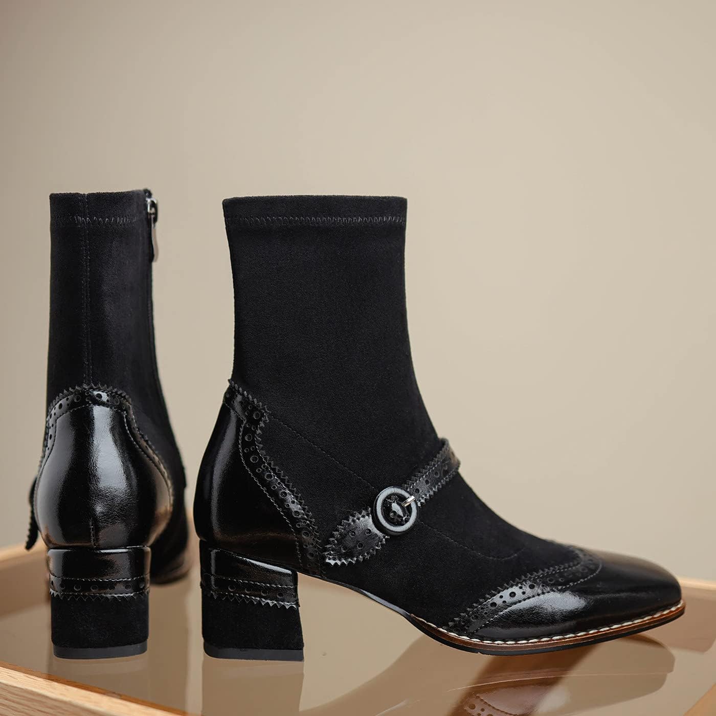 U-lite Women's Elastic Suede Fall Winter Square Toe Shoes, Leather Mid Heel Ankle Boots, Buckle Strap Embellishment Booties - Image 3